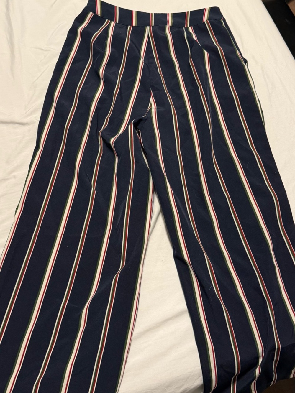 Navy Vertical Stripe Wide Leg Pants - Red, Cream & Green Stripes